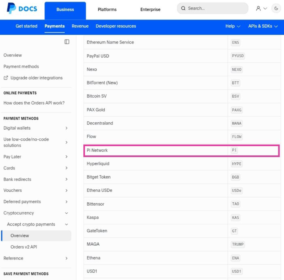 PayPal 官方开发者页面出现 Pi Network（PI）