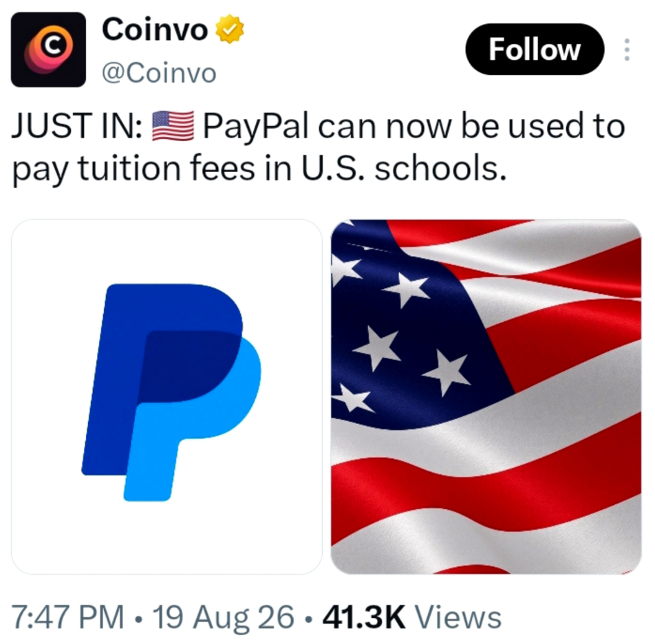 PayPal支持加密货币支付美国大学学费，Pi若进入支付体系意味着什么？